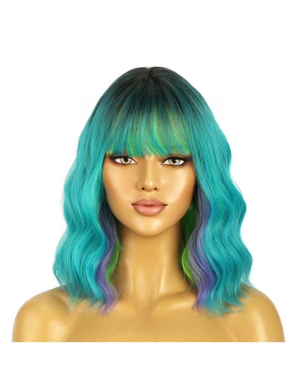 Women's Green Purple BERON 14 Inch  Curly Wig with Bangs Short Synthetic Wig